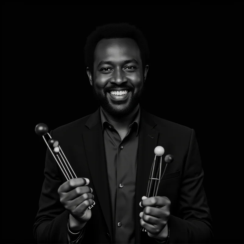 A black and white portrait of Roy Ayers, smiling and holding his vibraphone mallets.