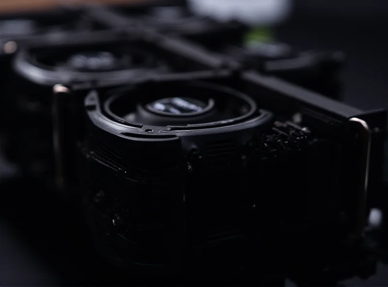 A close-up of an RTX 5090 graphics card with a complex cooling system.