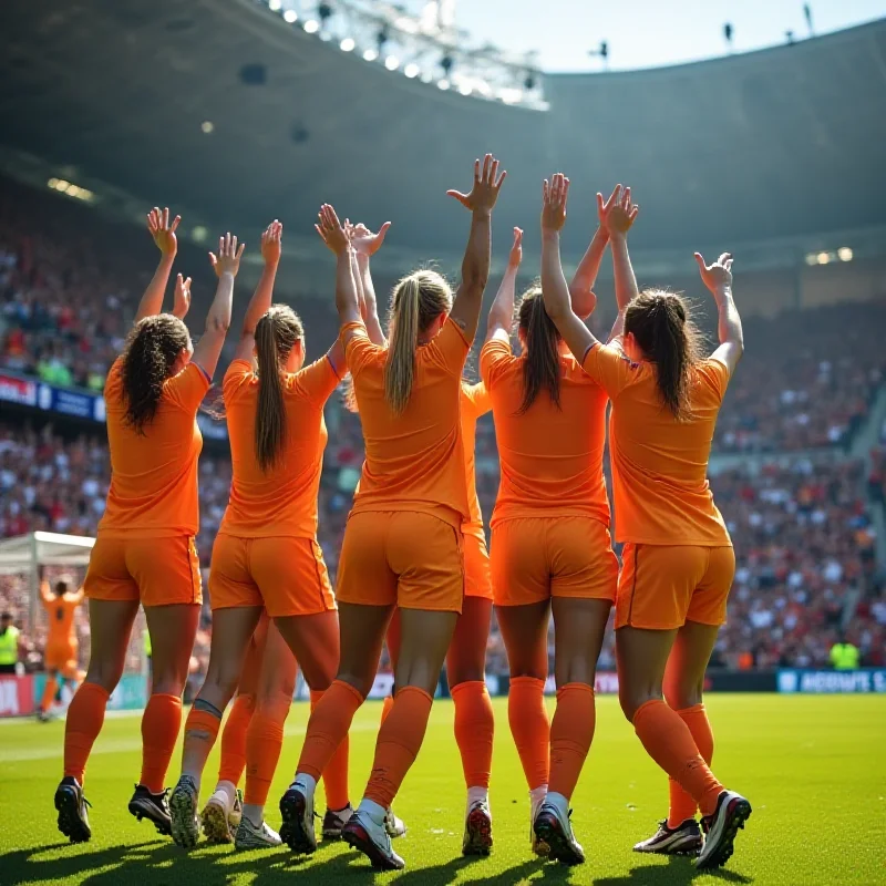 A group of women's soccer players celebrating a goal.