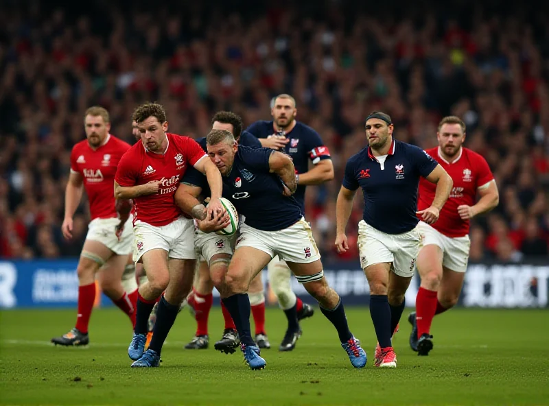 A rugby match in progress, showing players from Scotland and Wales competing for the ball.