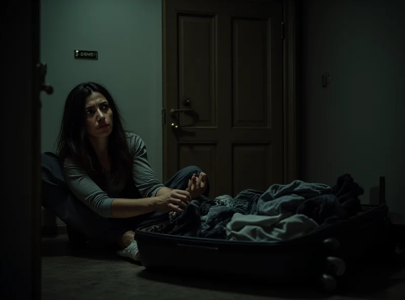 A worried-looking woman packing a suitcase.