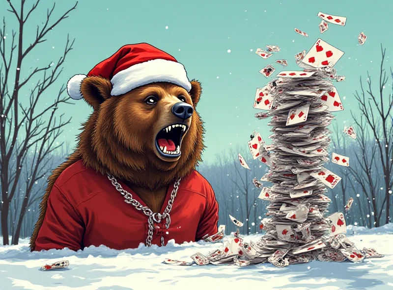 Illustration of Russian bear laughing at a collapsing house of cards.