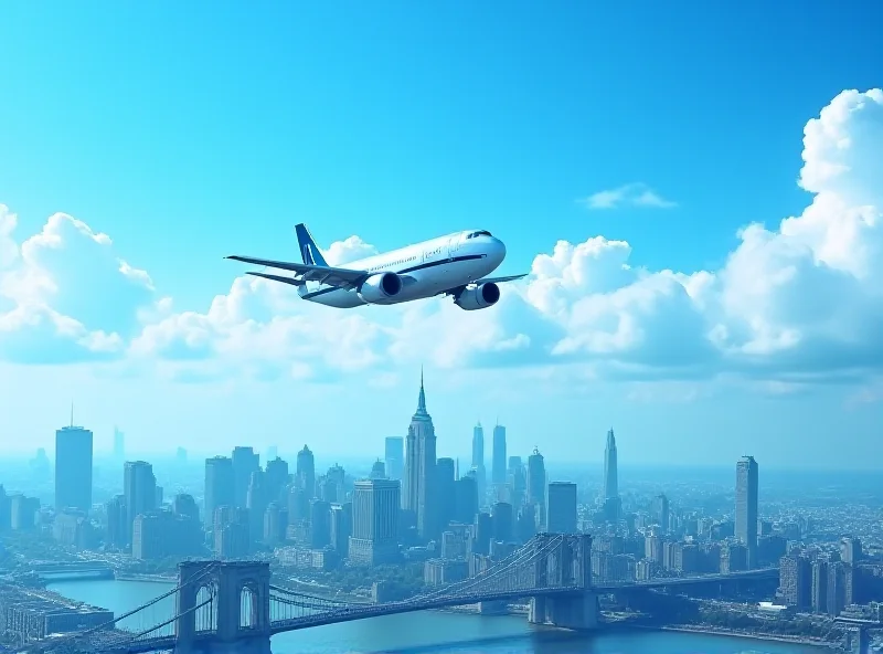 A passenger jet flying over a cityscape, representing direct flights between Russia and the USA.