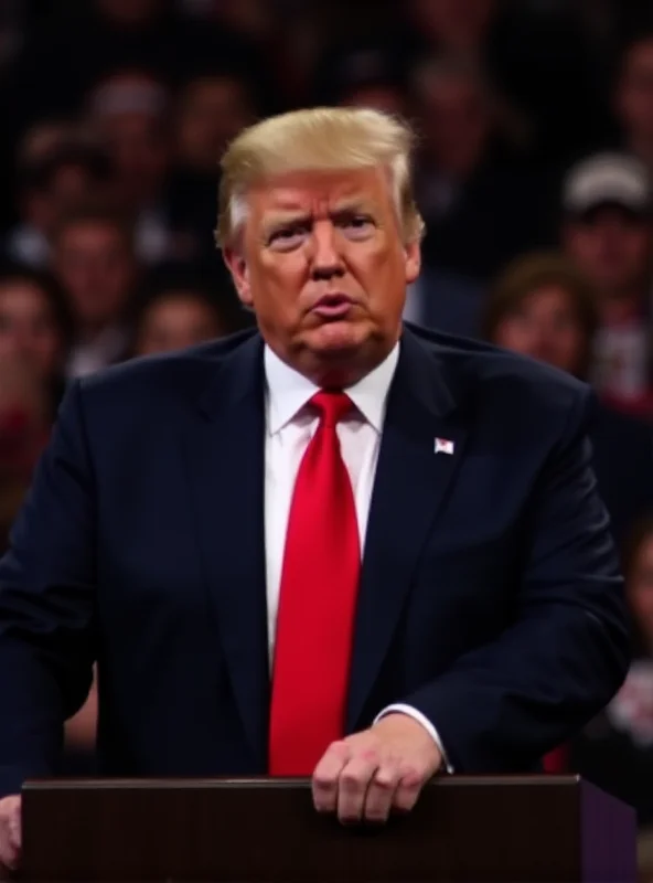 Donald Trump giving a speech at a podium, with a serious expression on his face.