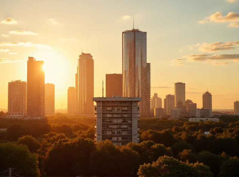 A modern cityscape with skyscrapers in the background, and a smaller traditional Russian building in the foreground, symbolizing the juxtaposition of European banks and Russian profits.