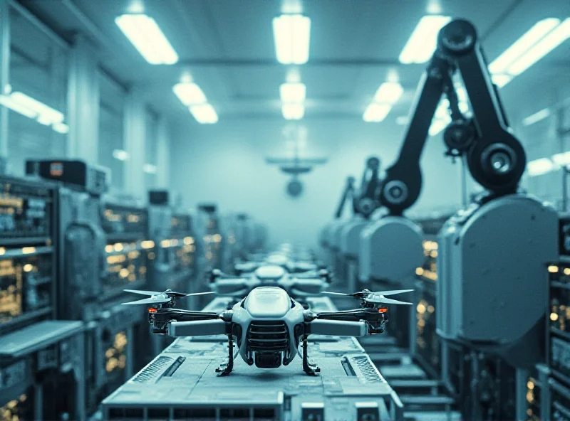 A high-tech drone factory with robotic arms assembling drones, set against a backdrop of the Belarusian countryside, symbolizing Russia's drone production plans.