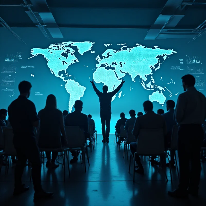 A diverse group of people working together on a futuristic project, with holographic projections of global maps and charts, symbolizing collaboration and innovation for global growth.