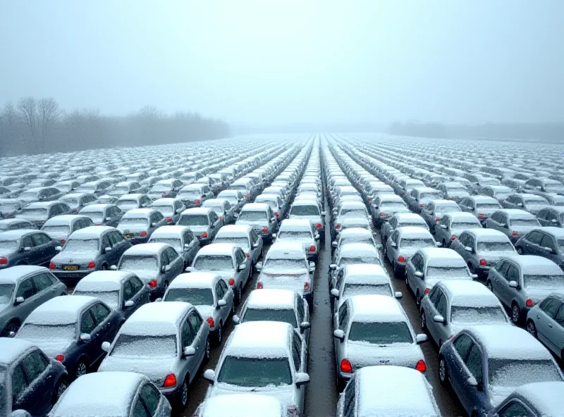Rows of unsold Lada cars parked in a large lot, partially covered in snow. A sense of stagnation and economic downturn is conveyed.