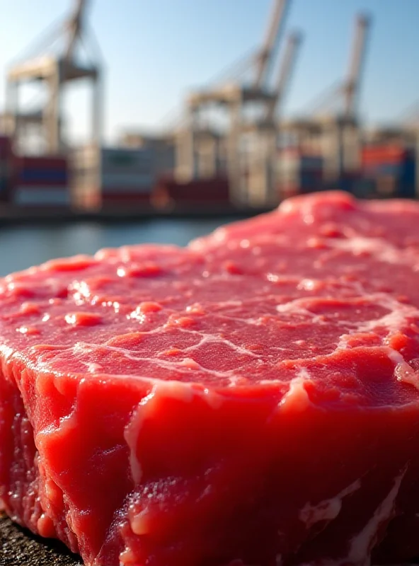 A close-up of a cut of raw beef, highlighting the texture and color. In the background, blurred, are shipping containers, representing the global trade of beef.