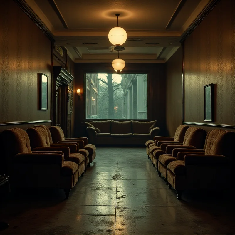 A nearly empty hotel lobby in Moscow. The lighting is dim, and there are few visible staff. The atmosphere is one of decline and economic hardship.