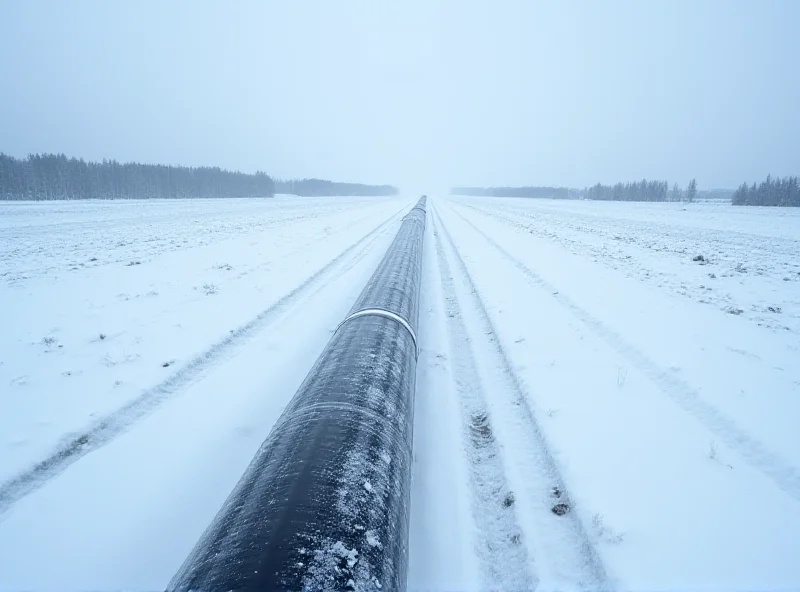 A section of the Druzhba oil pipeline, stretching across a snowy landscape. The pipeline is partially buried, with only the top visible. The image conveys the importance of this infrastructure to oil transport.