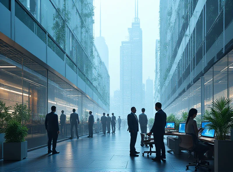 A futuristic cityscape with digital workers and robots collaborating in a modern office environment.