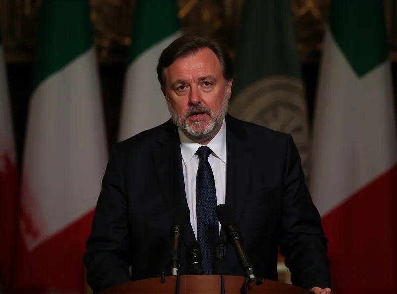 Matteo Salvini speaking at a podium with microphones, looking serious and addressing a crowd. Italian flags are visible in the background.