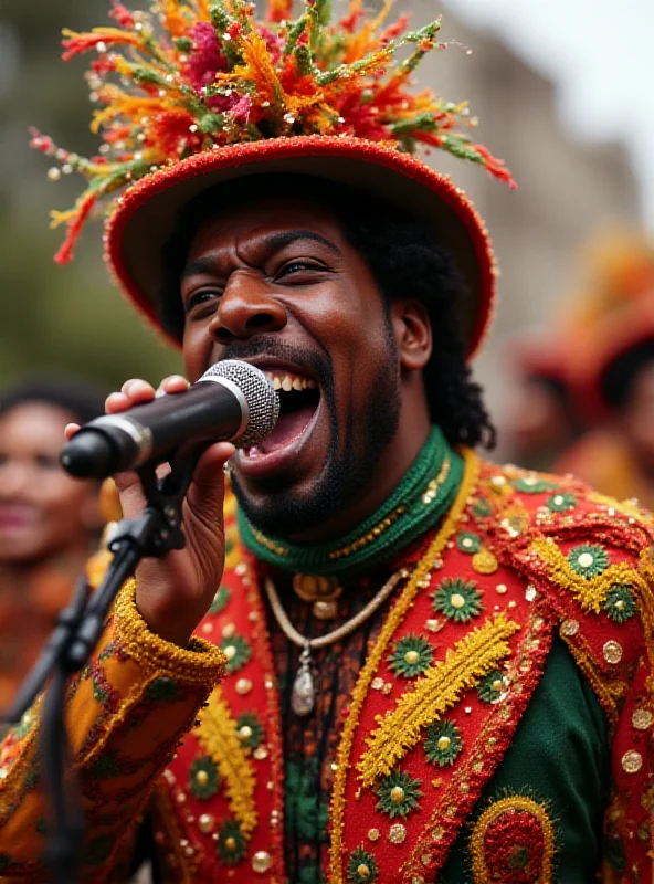 Neguinho da Beija-Flor, dressed in vibrant carnival attire, singing with passion and emotion into a microphone on a parade float.