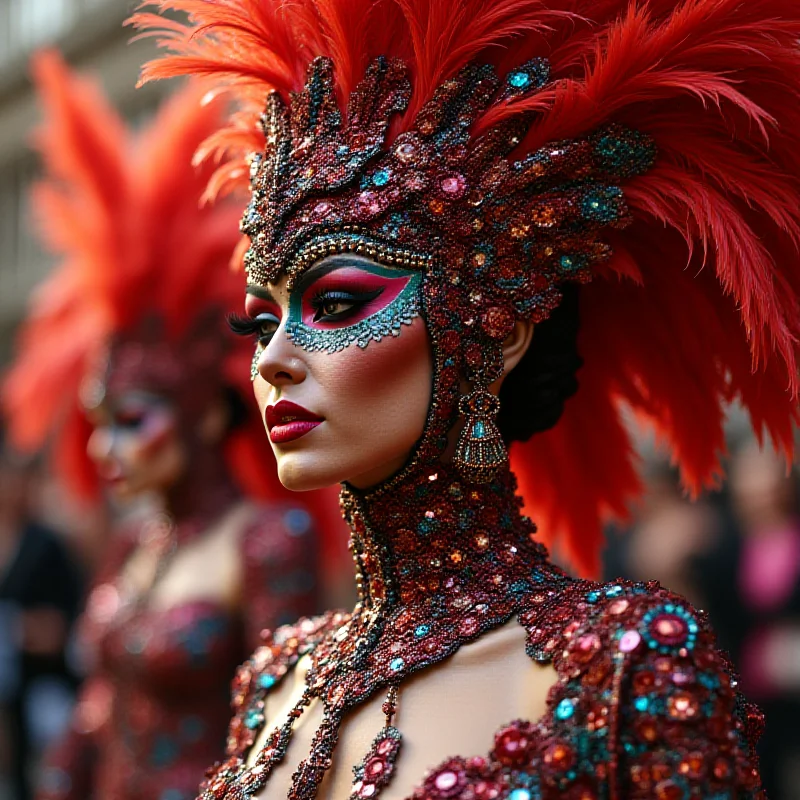 Close-up of a sequined carnival costume with feathers and intricate detailing, reflecting the vibrant colors of the parade.