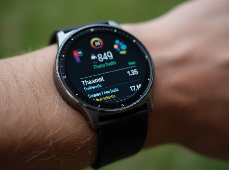 Close-up of a Samsung Galaxy Watch FE on a wrist, showing the display and watch band.