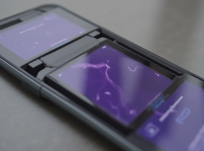 Close-up of a Samsung Galaxy Z Flip 4 folding phone, showcasing its sleek design and compact form factor. The phone is partially open, revealing a vibrant display. The background is blurred to emphasize the device.