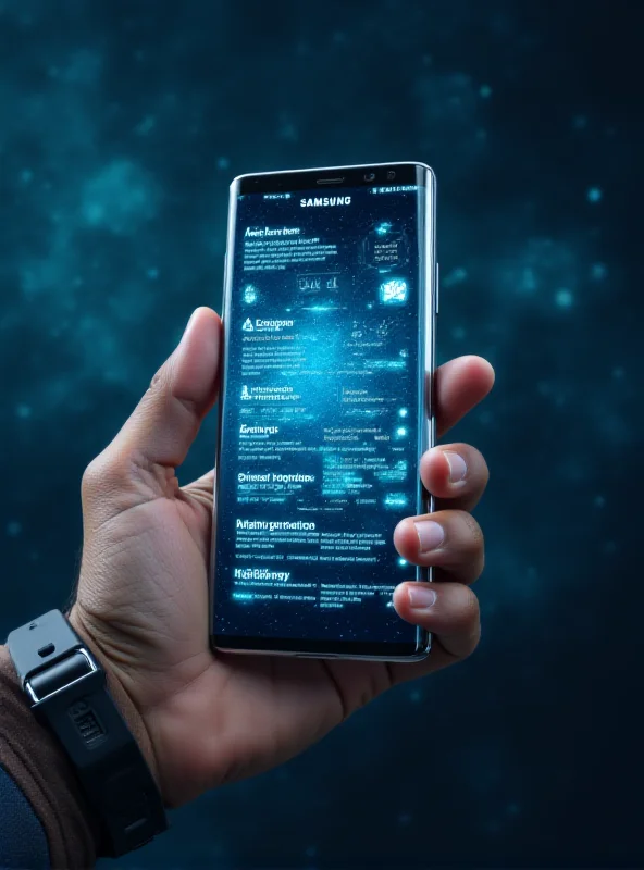 A person holding a Samsung Galaxy phone with a futuristic AI interface overlaid on the screen. The interface displays various AI-powered features and options, emphasizing the user's control over their data and privacy.
