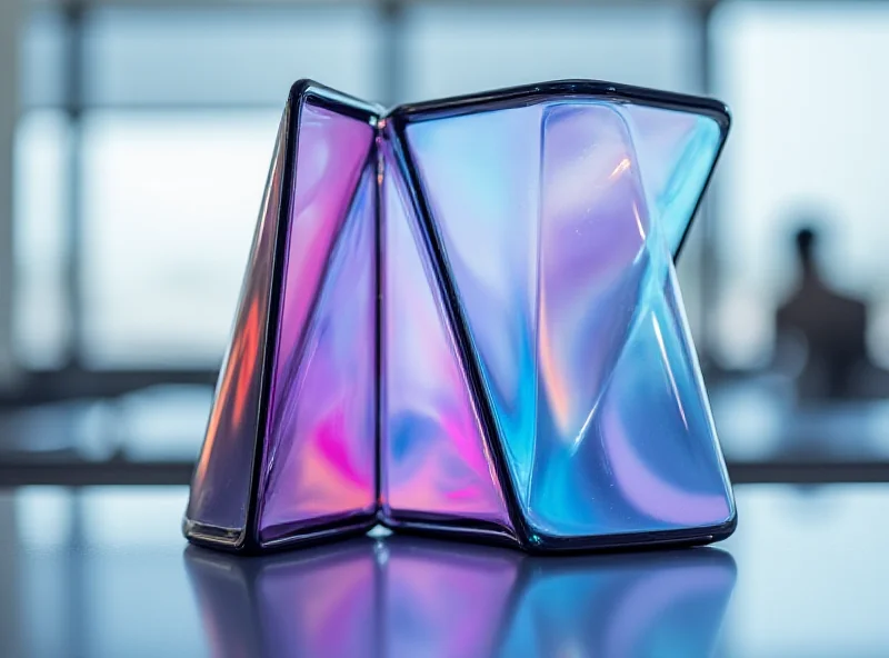 A futuristic Samsung Galaxy G Fold foldable phone with a unique hinge design, showcasing its flexible screen and innovative form factor.