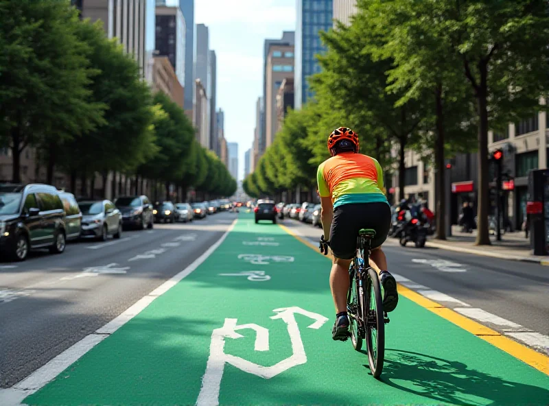 A cyclist riding on a designated bike path in a bustling São Paulo street.