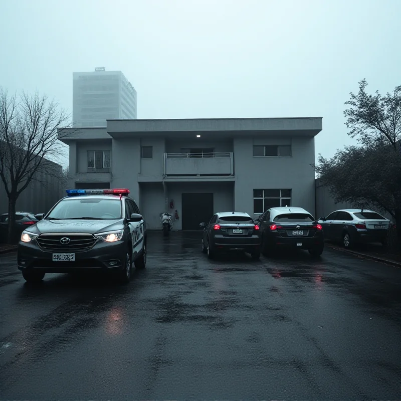 A somber photograph of a police station in Cajamar, São Paulo, with police cars parked outside.
