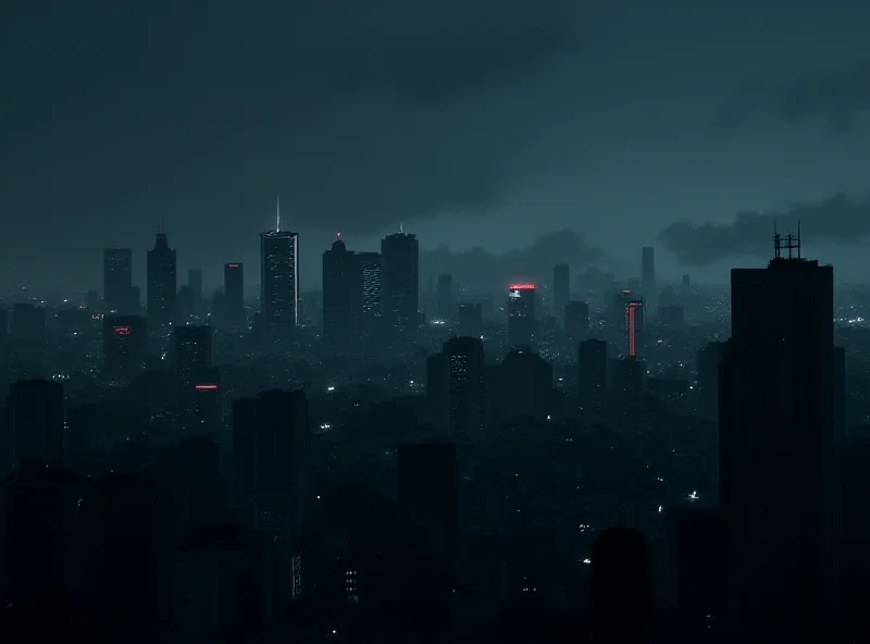 Illustration of a city skyline at night, with some buildings dark and others lit up, symbolizing energy rationing.