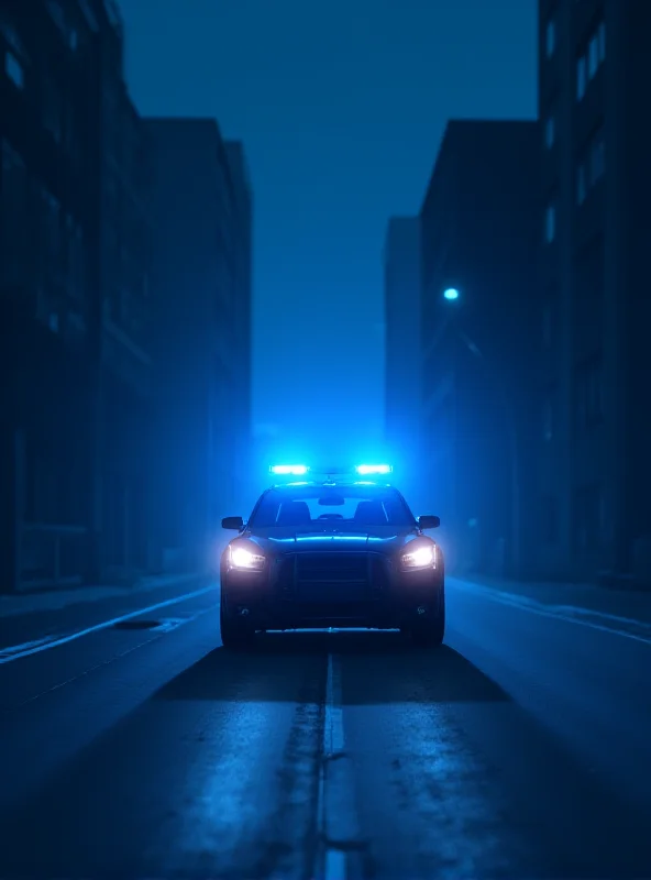 Illustration of a police patrol car at night, with blurred street lights in the background, symbolizing the investigation into police misconduct.