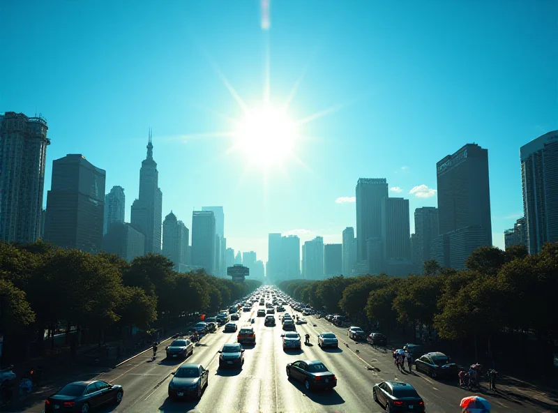 A panoramic view of São Paulo under a blazing sun, heat haze visible in the distance.