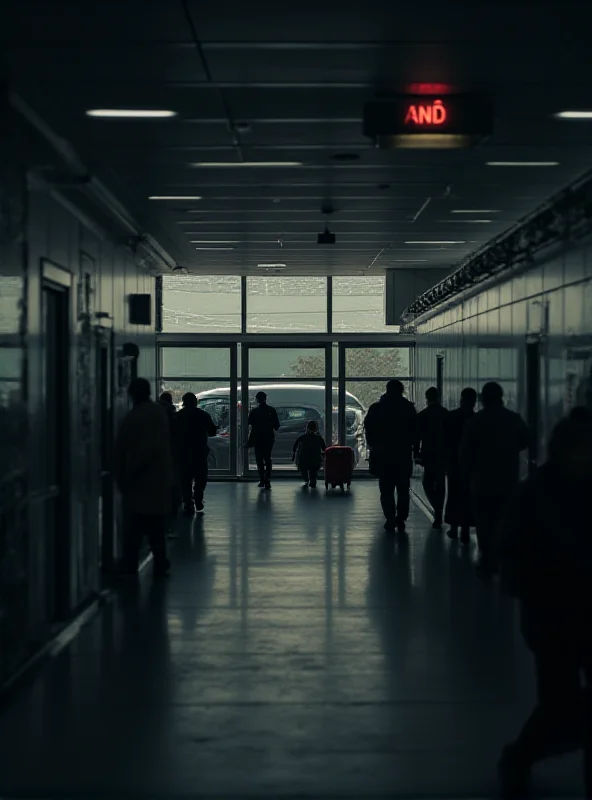 A somber image of Congonhas Airport, focusing on the passenger terminal with blurred figures in the background.