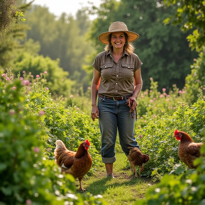 Ana Paula Sater tending to her garden in Serra da Cantareira, surrounded by lush greenery and chickens.