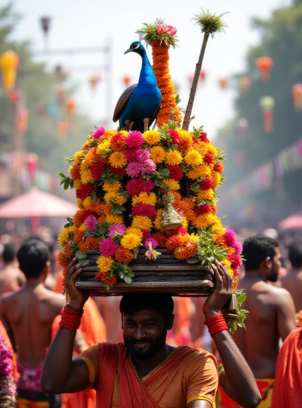 A colorful kavadi being carried during a Thaipusam festival procession, with devotees and onlookers in the background.