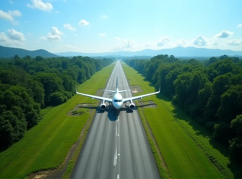 An aerial view of an airplane taking off from an airport in Sarawak, Malaysia. Lush greenery surrounds the runway.