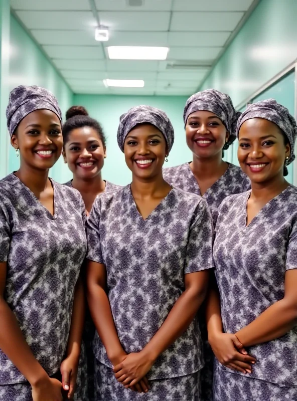 A group of nurses in Sarawak, Malaysia, smiling and standing together in a hospital setting. They are wearing traditional nursing uniforms.