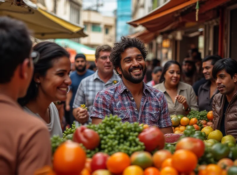 A vibrant scene of Lucas Guimarães hosting his new TV show 'Eita Lucas!' in a bustling Brazilian street, interacting with locals and surrounded by colorful market stalls.