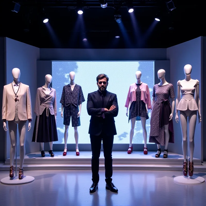 A stylish and modern set design for the 'Esquadrão da Moda' show, featuring a large screen displaying fashion trends and Dudu Bertholini, the new host, standing confidently in the center.