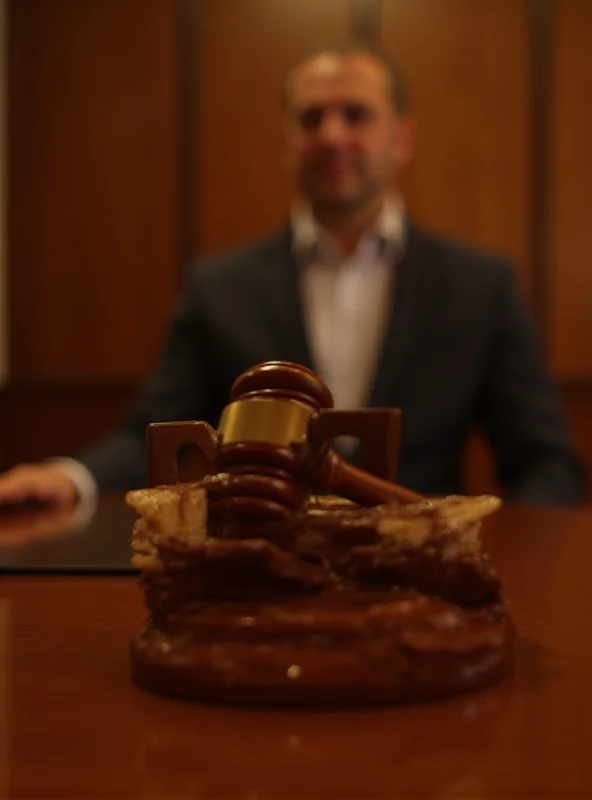 A gavel hitting a sounding block in a courtroom setting.