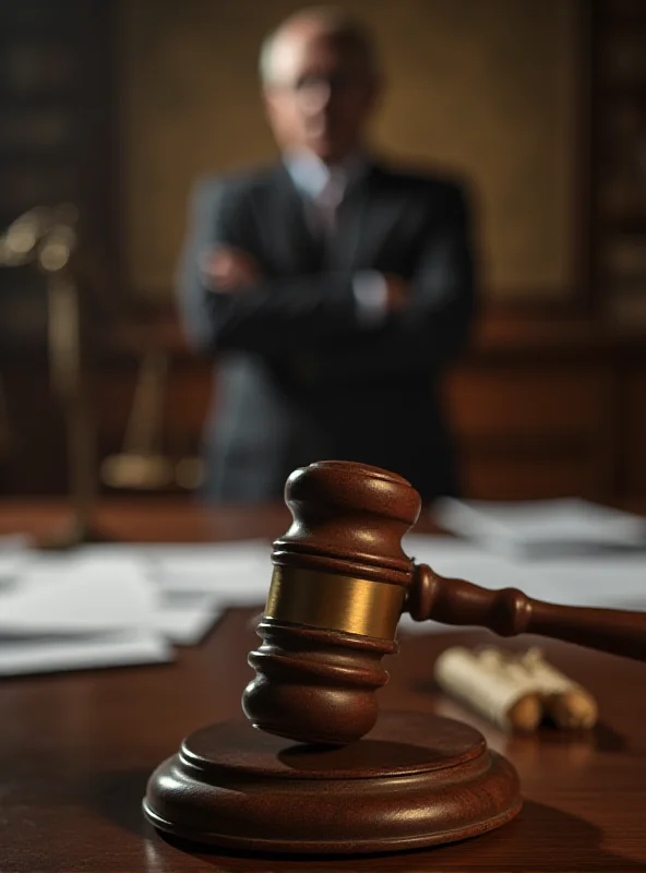 A courtroom scene, with a gavel in the foreground and a blurred figure of a headteacher in the background, suggesting a legal drama.