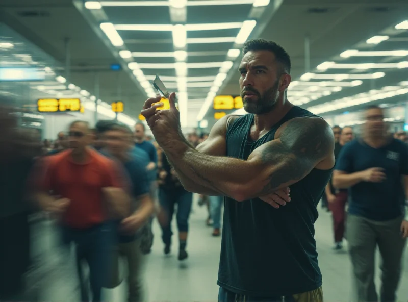 An ex-boxer, muscular and determined, facing off against a blurred figure holding a knife in an airport setting. People are running in the background.