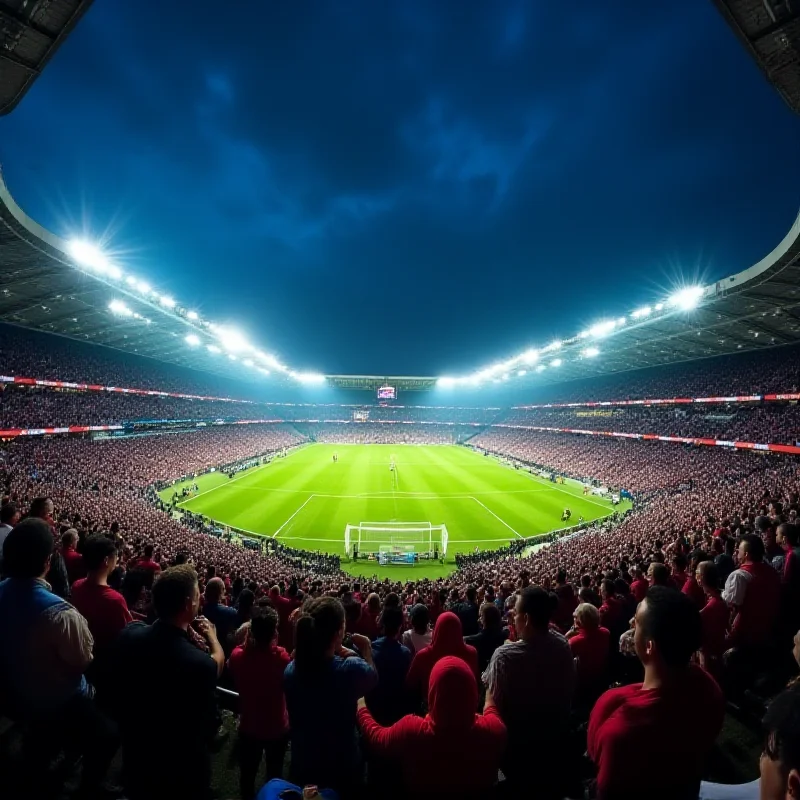 A football stadium with floodlights and fans cheering, celebrating a late victory