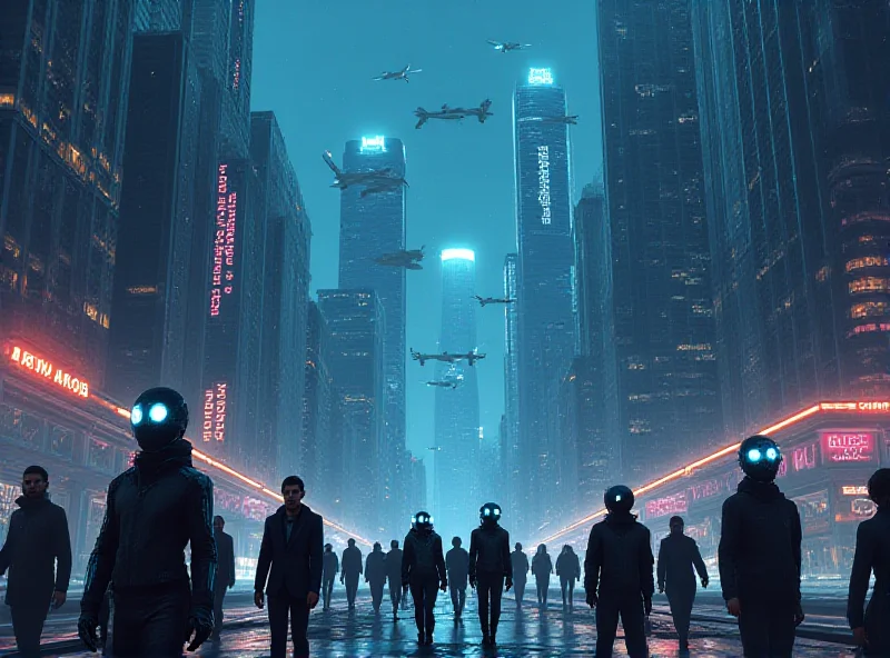 Futuristic cityscape with AI robots walking among humans