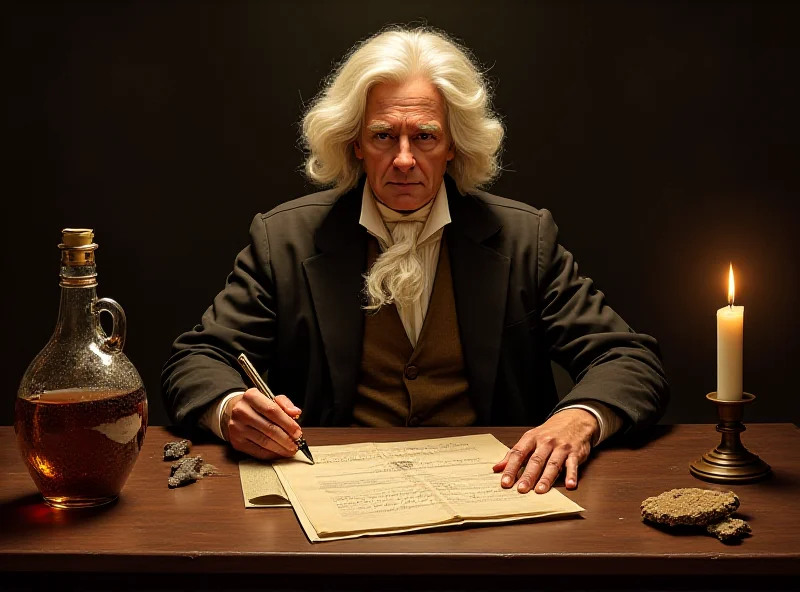 Illustration of Sir Isaac Newton drinking from a beer flagon while working on mathematical equations