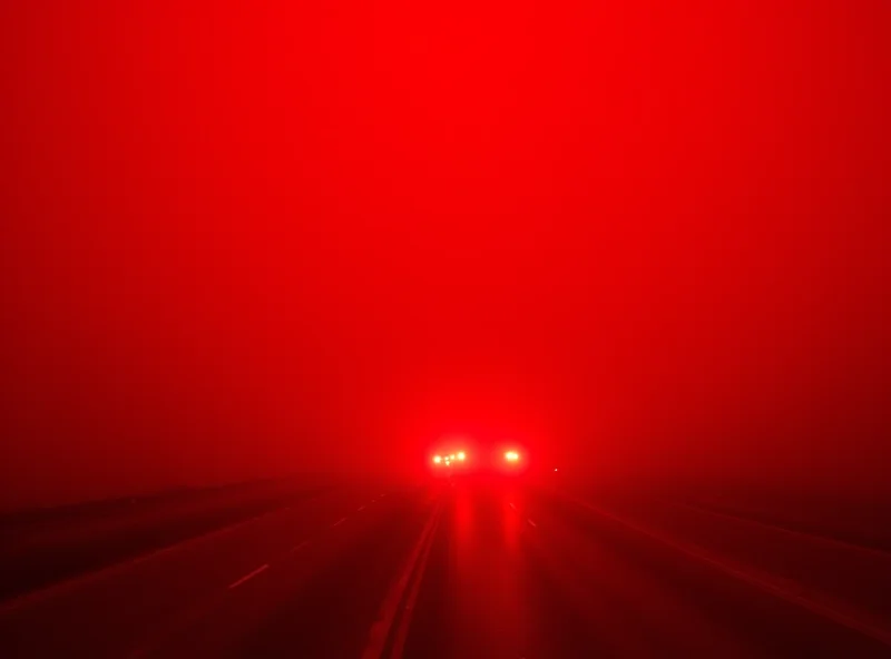 Photo of a red dust storm engulfing the Dallas skyline, with cars driving through reduced visibility