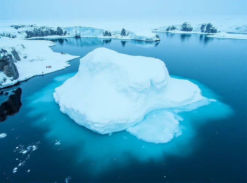 Aerial view of a massive iceberg grounded near a remote Antarctic island, with penguins visible on the shore