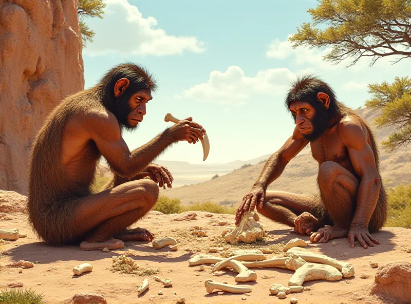 Illustration of early hominins crafting and using bone tools in a prehistoric landscape.