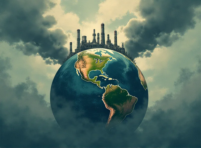 Illustration of a globe with factory emissions surrounding it, symbolizing global pollution.