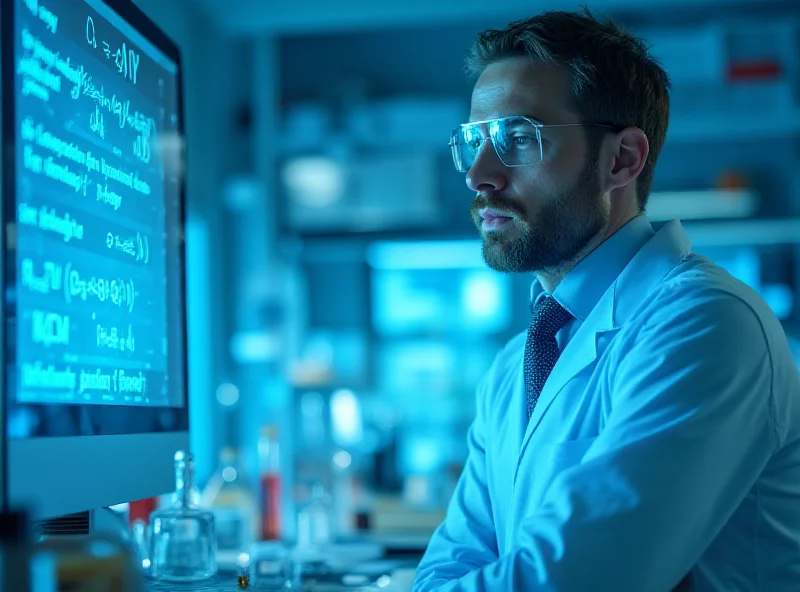 Scientist in a lab coat looking thoughtfully at a complex equation on a computer screen, with beakers and scientific equipment in the background
