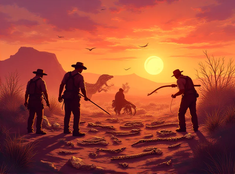 Illustration of paleontologists excavating dinosaur bones in a desert landscape.