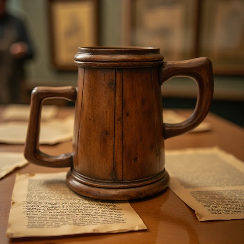 A close-up photograph of an antique wooden beer mug, possibly with a handle and some wear and tear, placed on a table with historical documents in the background.