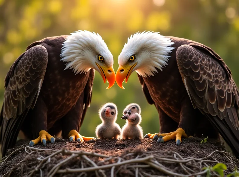 Bald eagles Jackie and Shadow tending to their newly hatched chicks in their nest.