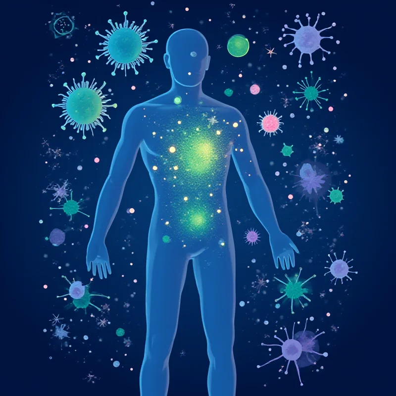A stylized illustration of the human immune system, highlighting a newly discovered component with glowing particles.